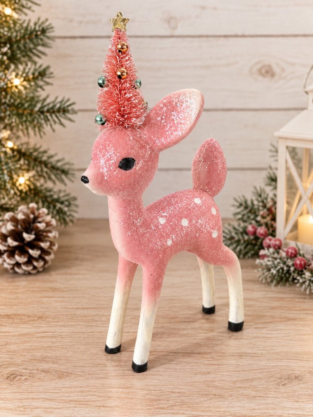 Pink Glitter Christmas Deer Figurine Bottle Brush Tree Hat 12” Holiday Decor